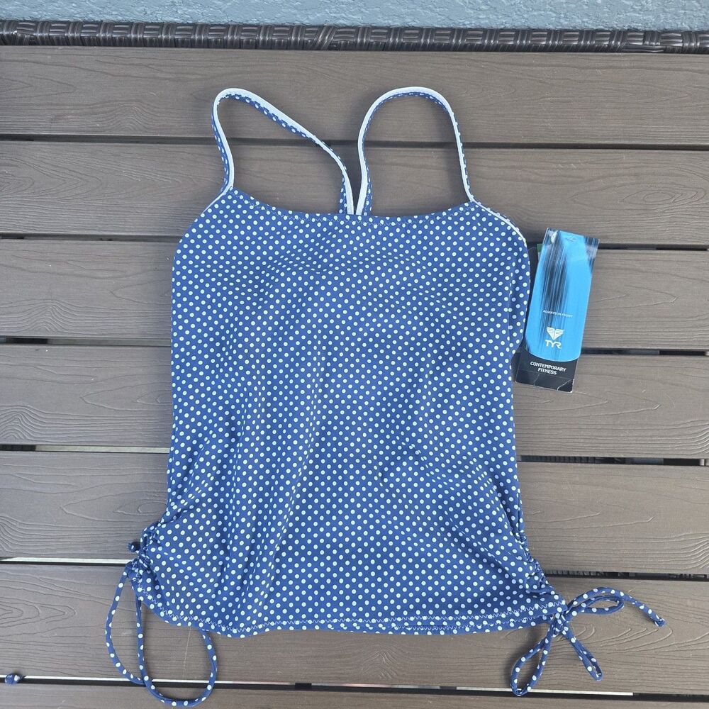 TYR Women's Blue/white Polka Dot Underwire Swim Tankini Tank SZ M 8 New